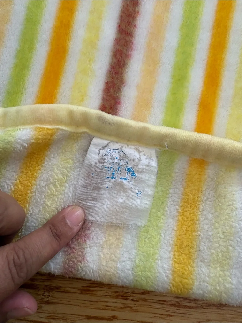 Vintage Baby Mink Monkey Blanket Fleece Yellow Green Stripe 31
